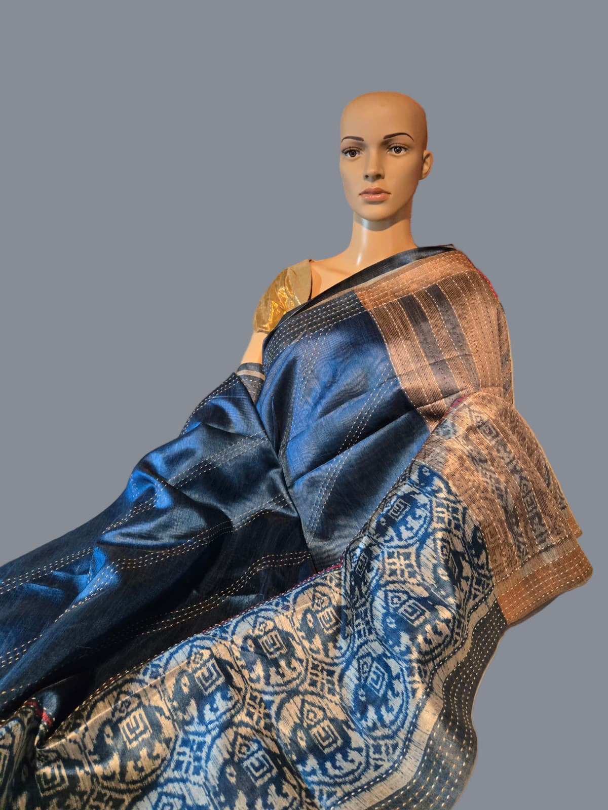 Art Silk Cotton Saree Elephant Print Ikkat Saree Fancy Saree Thread work Saree Blue USA