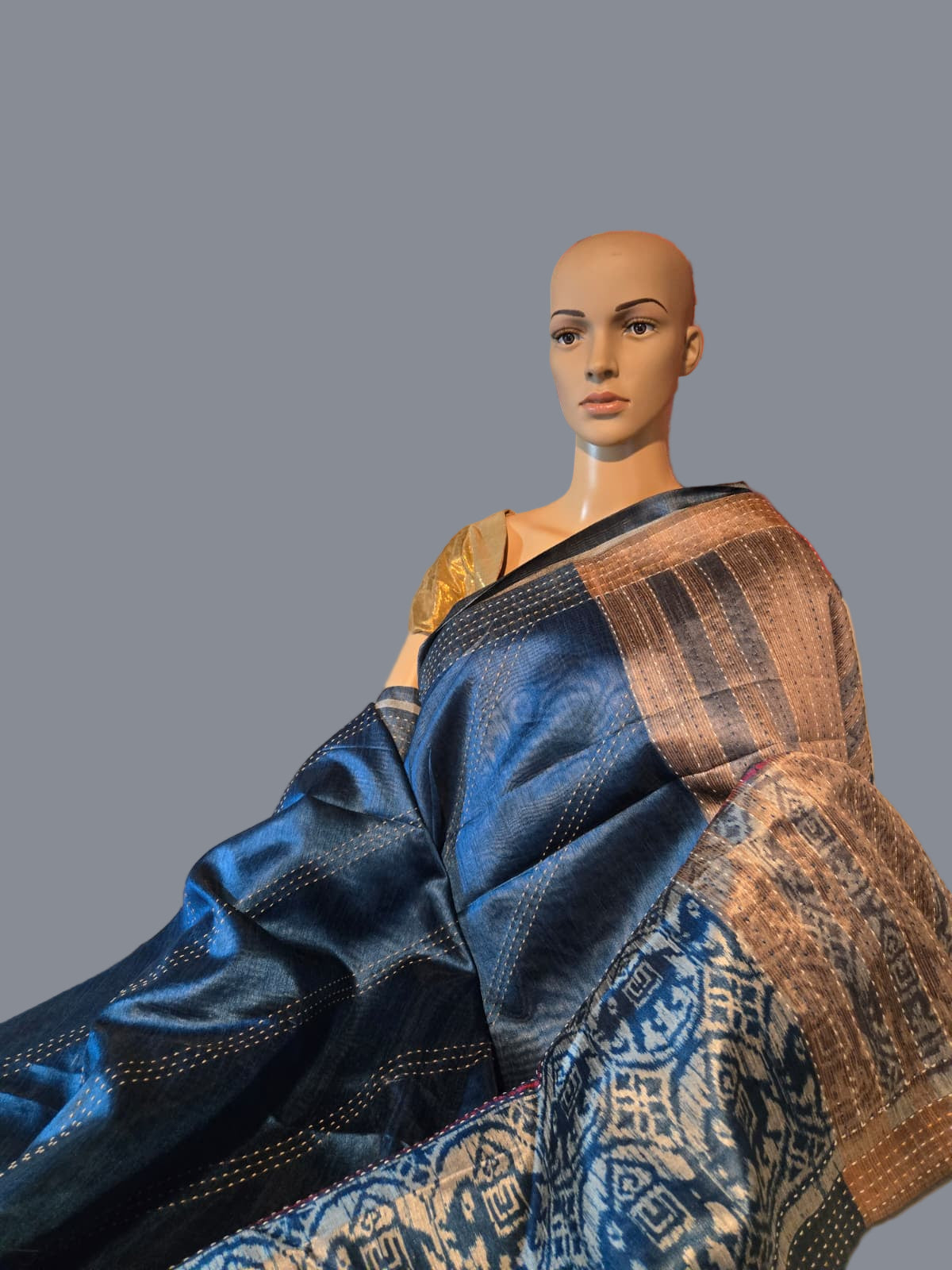 Art Silk Cotton Saree Elephant Print Ikkat Saree Fancy Saree Thread work Saree Blue USA