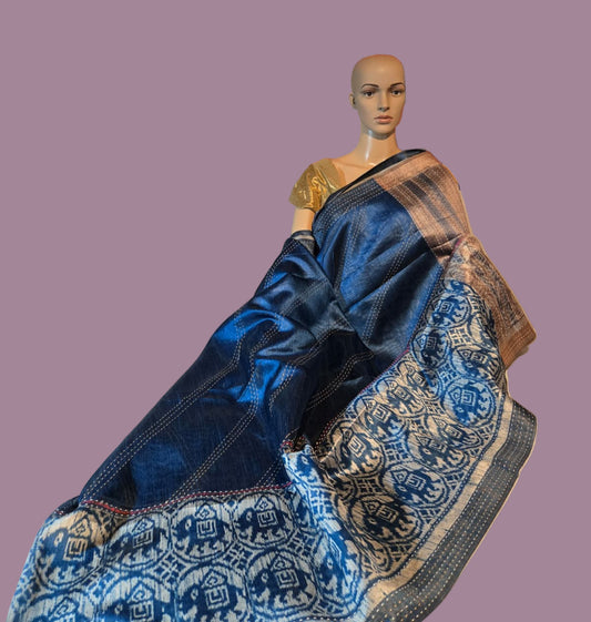 Art Silk Cotton Saree Elephant Print Ikkat Saree Fancy Saree Thread work Saree Blue USA