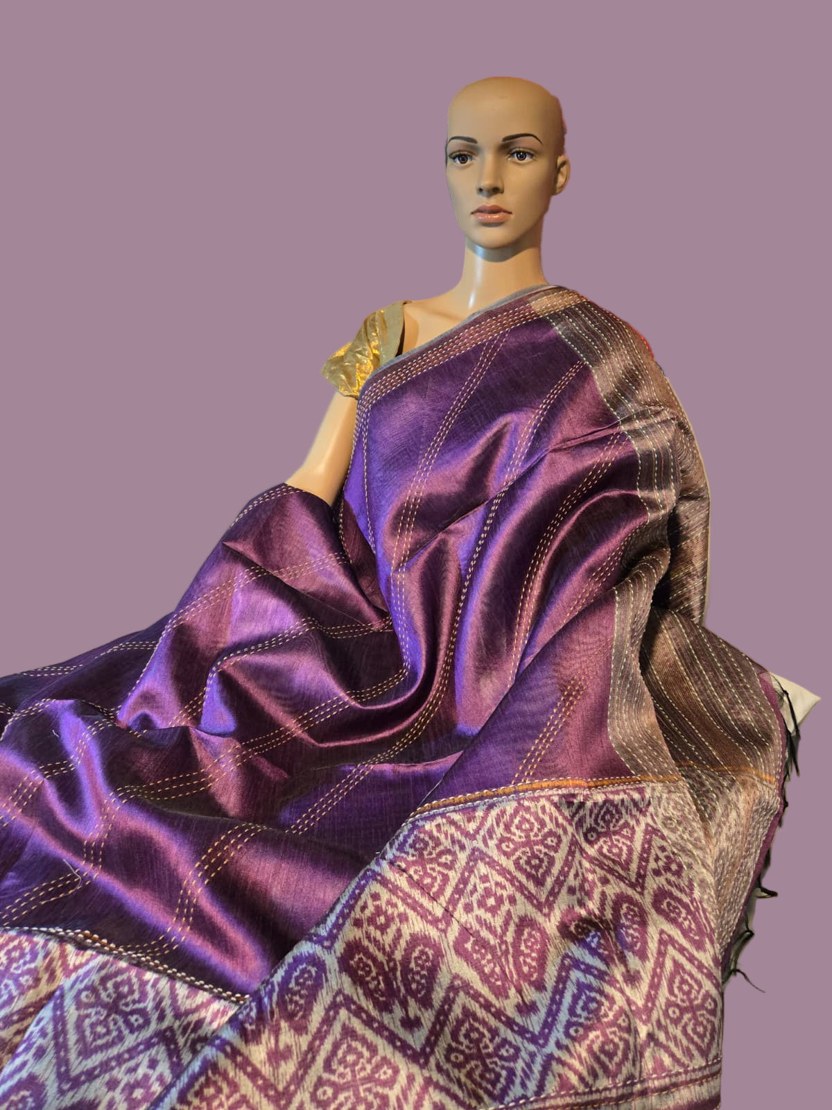 Art Silk Cotton Saree Fancy Saree Ikkat Print Thread work Saree in Majenta Purple