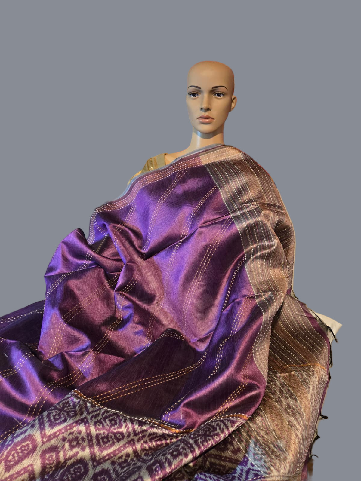 Art Silk Cotton Saree Fancy Saree Ikkat Print Thread work Saree in Majenta Purple