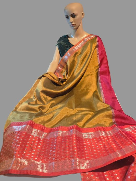 Brown and Dark Pink Handloom Mangalagiri Silk Saree with Long Silver Zari Temple Border | Elegant Soft Silk Saree – Fast Shipping from the USA