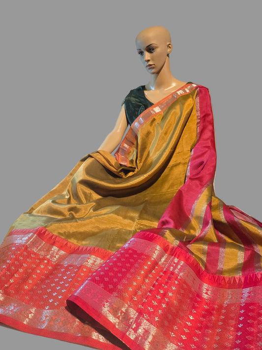 Brown and Dark Pink Handloom Mangalagiri Silk Saree with Long Silver Zari Temple Border | Elegant Soft Silk Saree – Fast Shipping from the USA