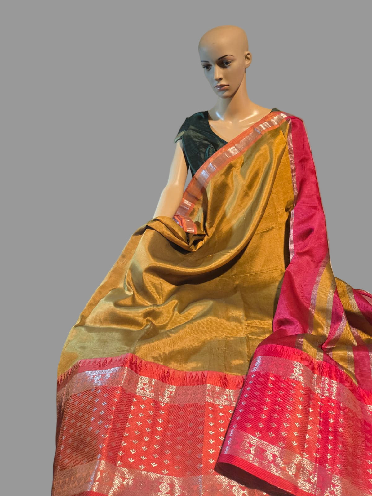 Brown and Dark Pink Handloom Mangalagiri Silk Saree with Long Silver Zari Temple Border | Elegant Soft Silk Saree – Fast Shipping from the USA