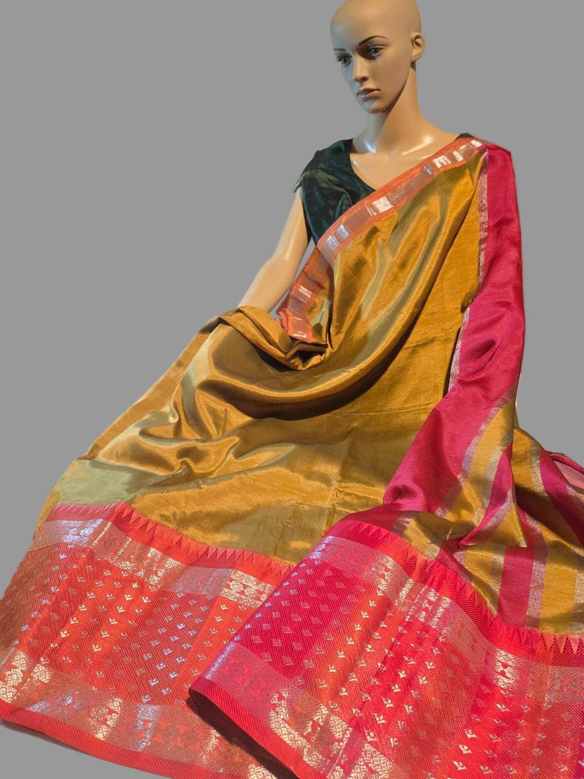 Brown and Dark Pink Handloom Mangalagiri Silk Saree with Long Silver Zari Temple Border | Elegant Soft Silk Saree – Fast Shipping from the USA