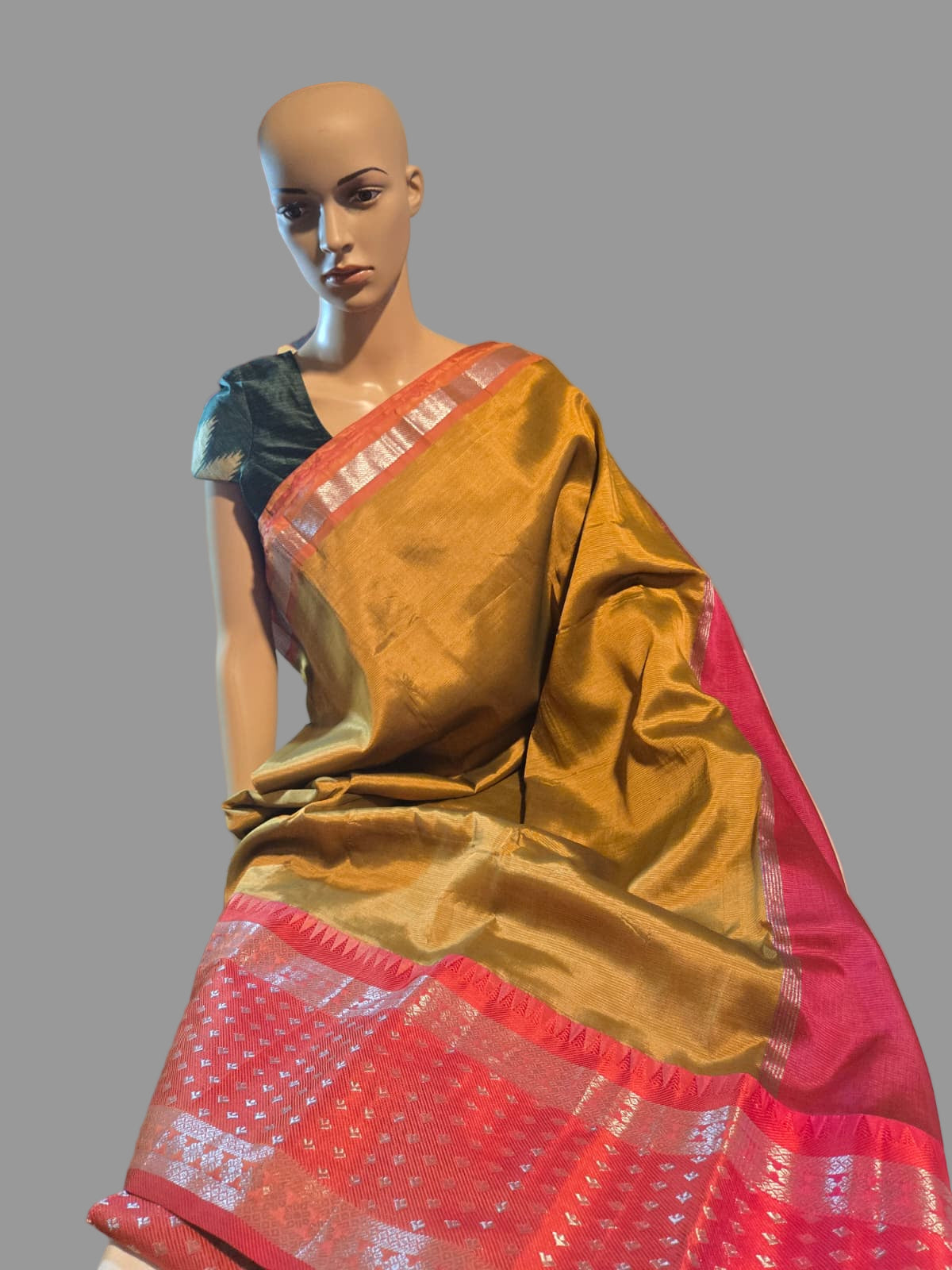 Brown and Dark Pink Handloom Mangalagiri Silk Saree with Long Silver Zari Temple Border | Elegant Soft Silk Saree – Fast Shipping from the USA