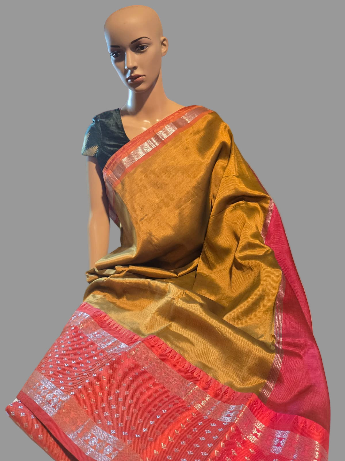 Brown and Dark Pink Handloom Mangalagiri Silk Saree with Long Silver Zari Temple Border | Elegant Soft Silk Saree – Fast Shipping from the USA