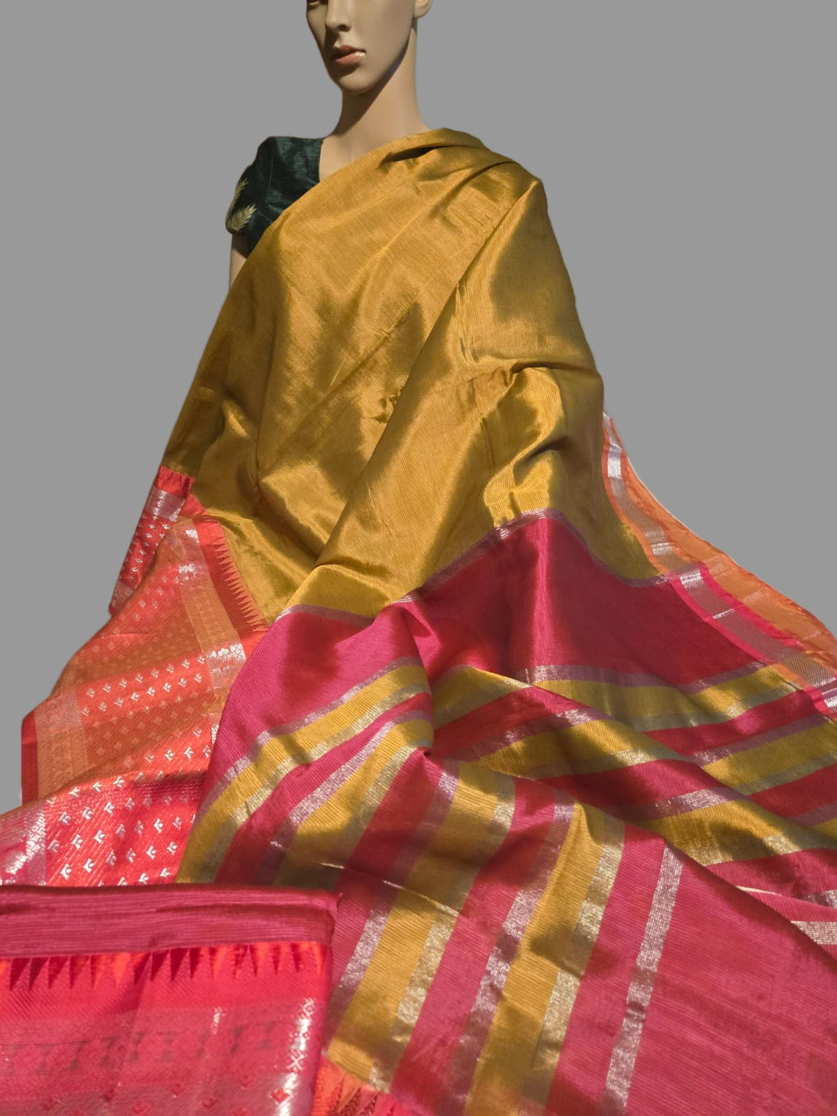 Brown and Dark Pink Handloom Mangalagiri Silk Saree with Long Silver Zari Temple Border | Elegant Soft Silk Saree – Fast Shipping from the USA