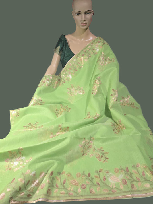 Handloom Khadi Cotton Silk Jamdani Saree – Lightweight & Elegant Traditional Weave Embroidery-Parrot Green