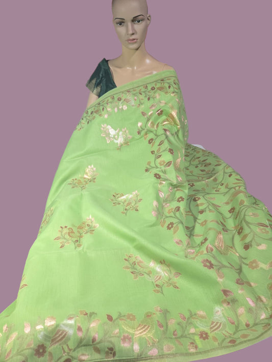 Handloom Khadi Cotton Silk Jamdani Saree – Lightweight & Elegant Traditional Weave Embroidery-Parrot Green