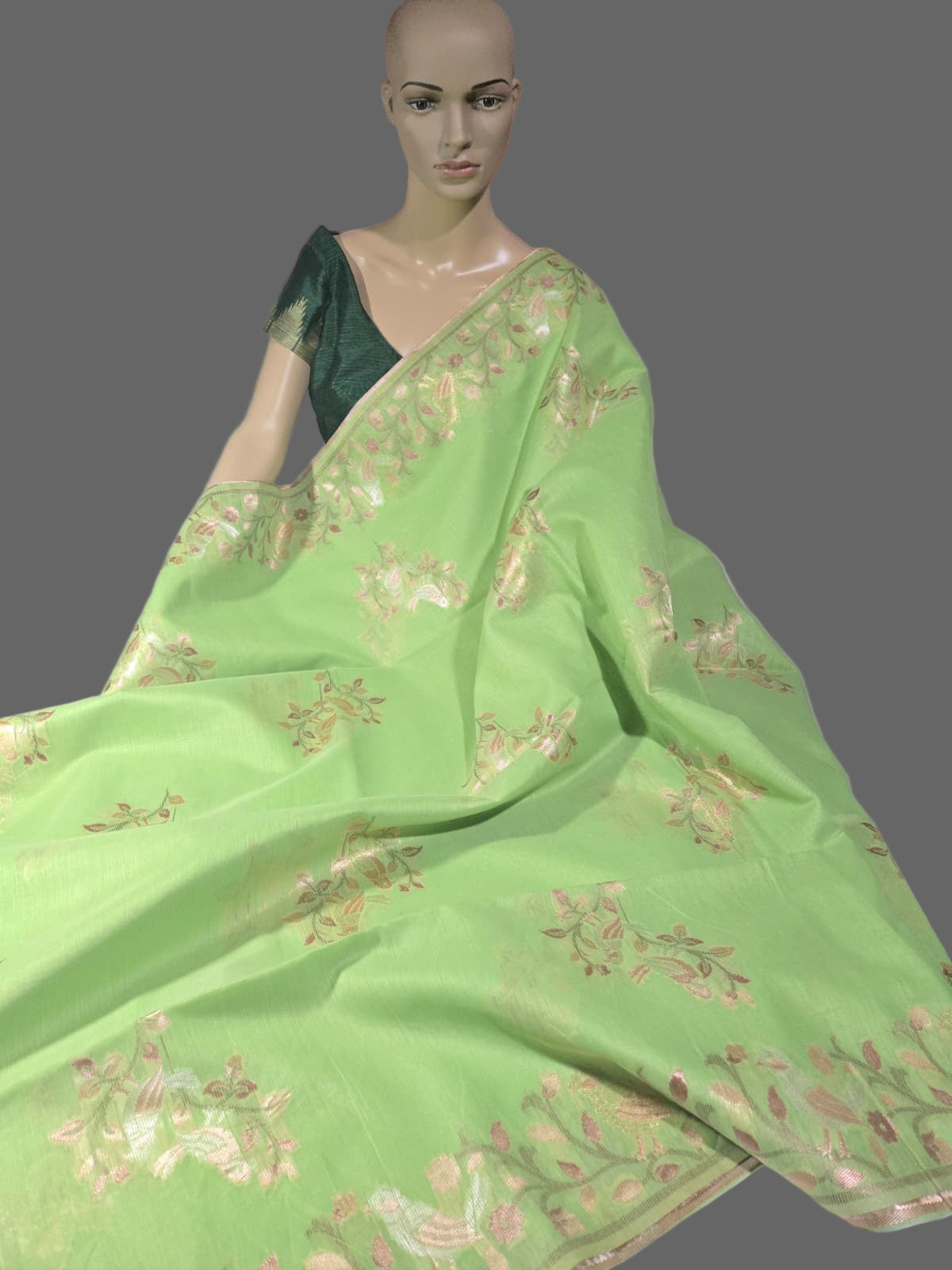 Handloom Khadi Cotton Silk Jamdani Saree – Lightweight & Elegant Traditional Weave Embroidery-Parrot Green