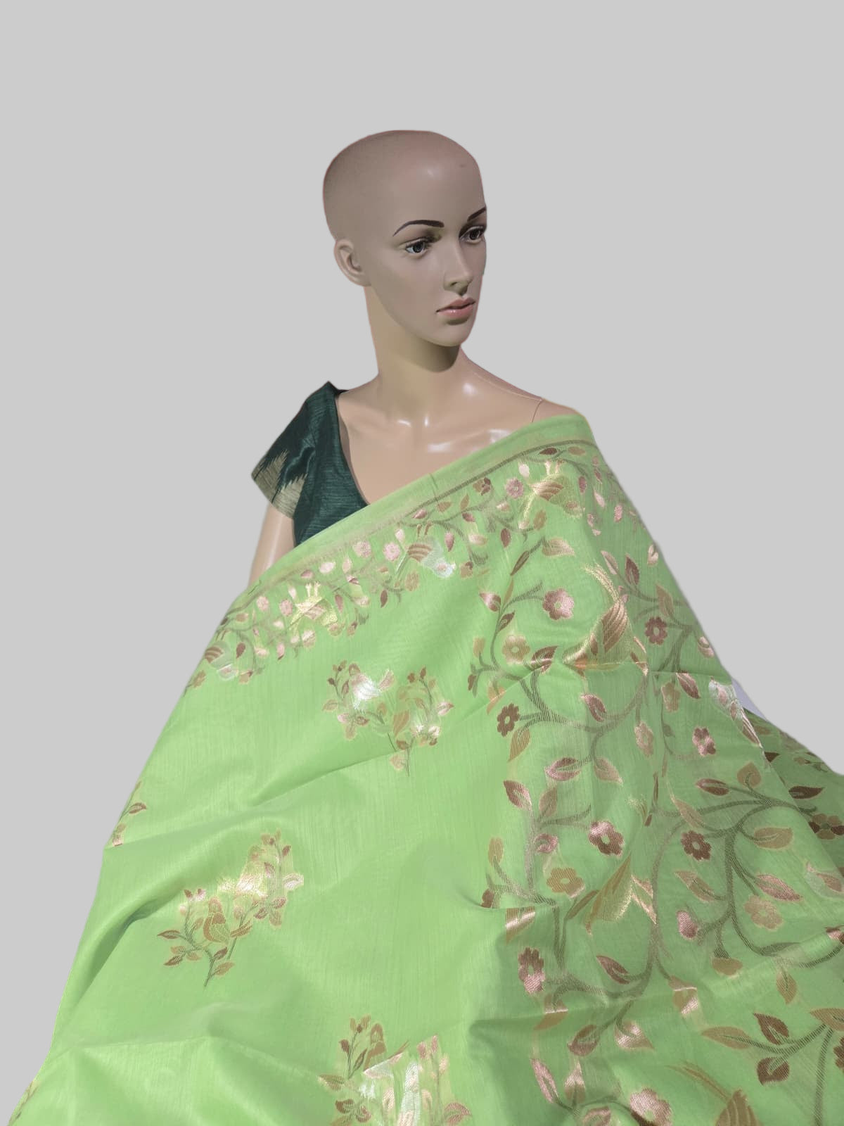 Handloom Khadi Cotton Silk Jamdani Saree – Lightweight & Elegant Traditional Weave Embroidery-Parrot Green