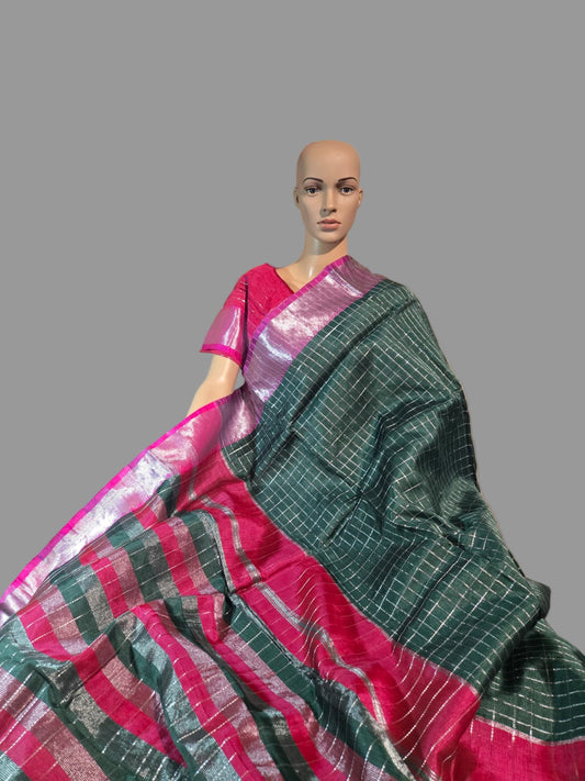 Semi Mangalgiri Silk Check Saree features an elegant allover silver zari checked pattern Bottle Green