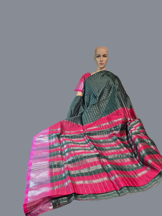 Semi Mangalgiri Silk Check Saree features an elegant allover silver zari checked pattern Bottle Green