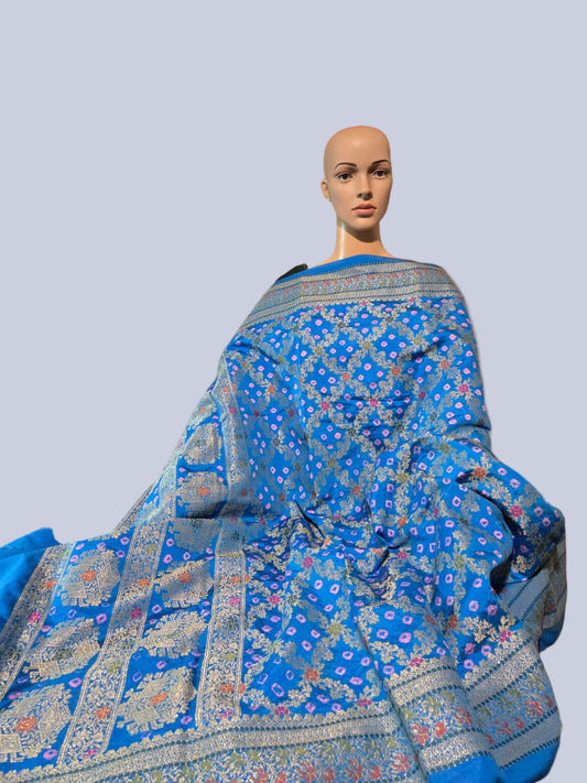 Banarasi Bandhni Pure Soft Dupion Silk Saree | Gharchola Zari Work | Handcrafted Design | Buy Soft Silk Saree from USA