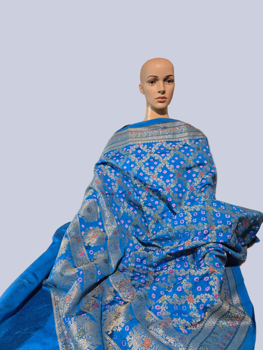 Banarasi Bandhni Pure Soft Dupion Silk Saree | Gharchola Zari Work | Handcrafted Design | Buy Soft Silk Saree from USA