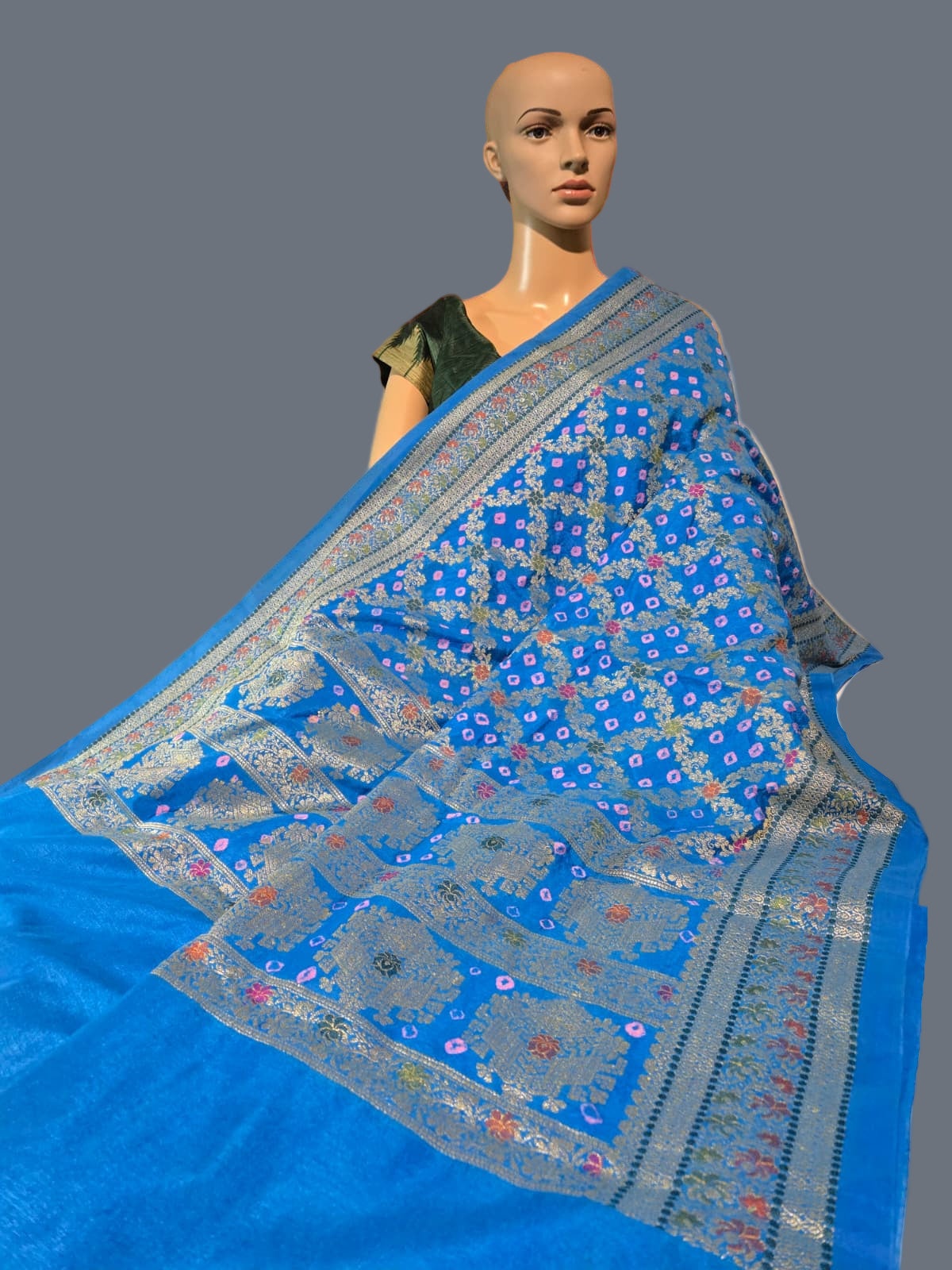 Banarasi Bandhni Pure Soft Dupion Silk Saree | Gharchola Zari Work | Handcrafted Design | Buy Soft Silk Saree from USA