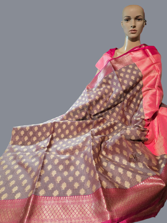 Banaras Chanderi Kota Doria Soft Silk Saree | Allover Zari Buti & Zari Border | Elegant Handwoven Saree Red