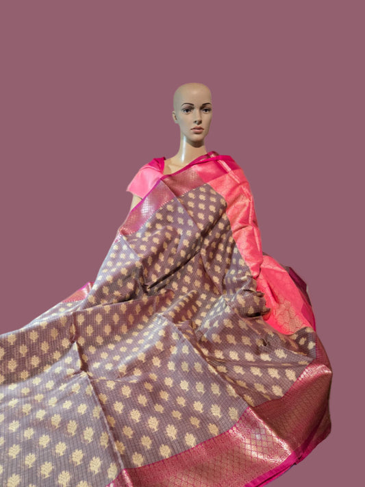 Banaras Chanderi Kota Doria Soft Silk Saree | Allover Zari Buti & Zari Border | Elegant Handwoven Saree Red