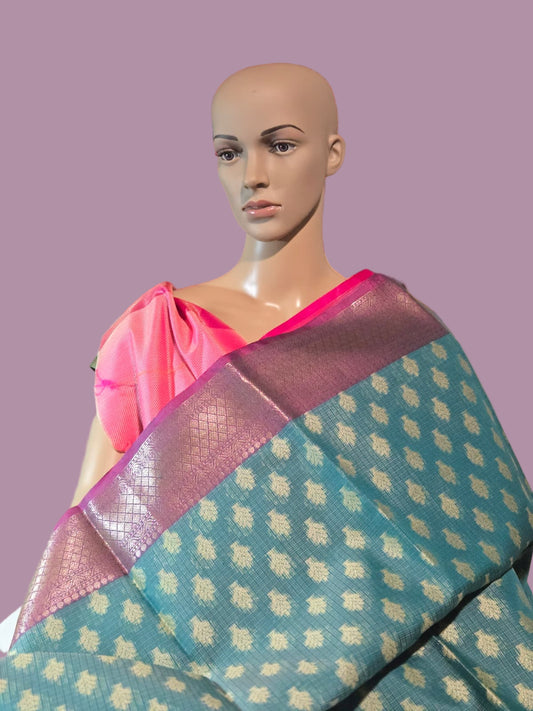 Banaras  Chanderi Kota Very Soft Silk Saree | Allover Zari Buti & Zari Border | Elegant Handwoven Saree Blue