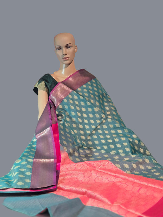 Banaras  Chanderi Kota Very Soft Silk Saree | Allover Zari Buti & Zari Border | Elegant Handwoven Saree Blue