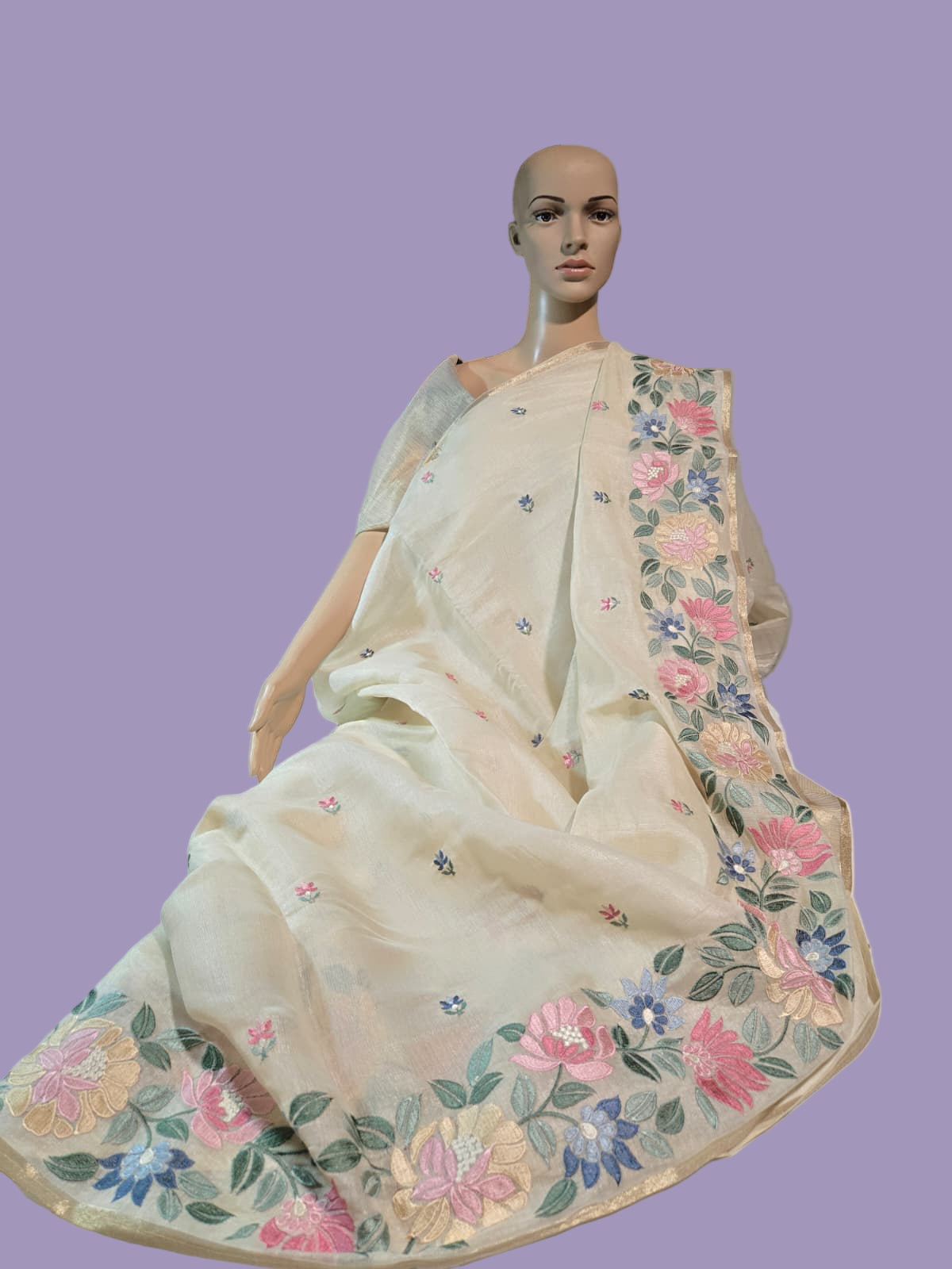 Chanderi Organza blended Silk Saree with Multicolor Floral Embroidery – Lightweight Festive Wear| Onam Saree USA
