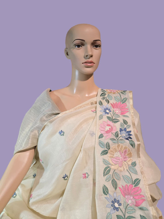 Chanderi Organza blended Silk Saree with Multicolor Floral Embroidery – Lightweight Festive Wear| Onam Saree USA