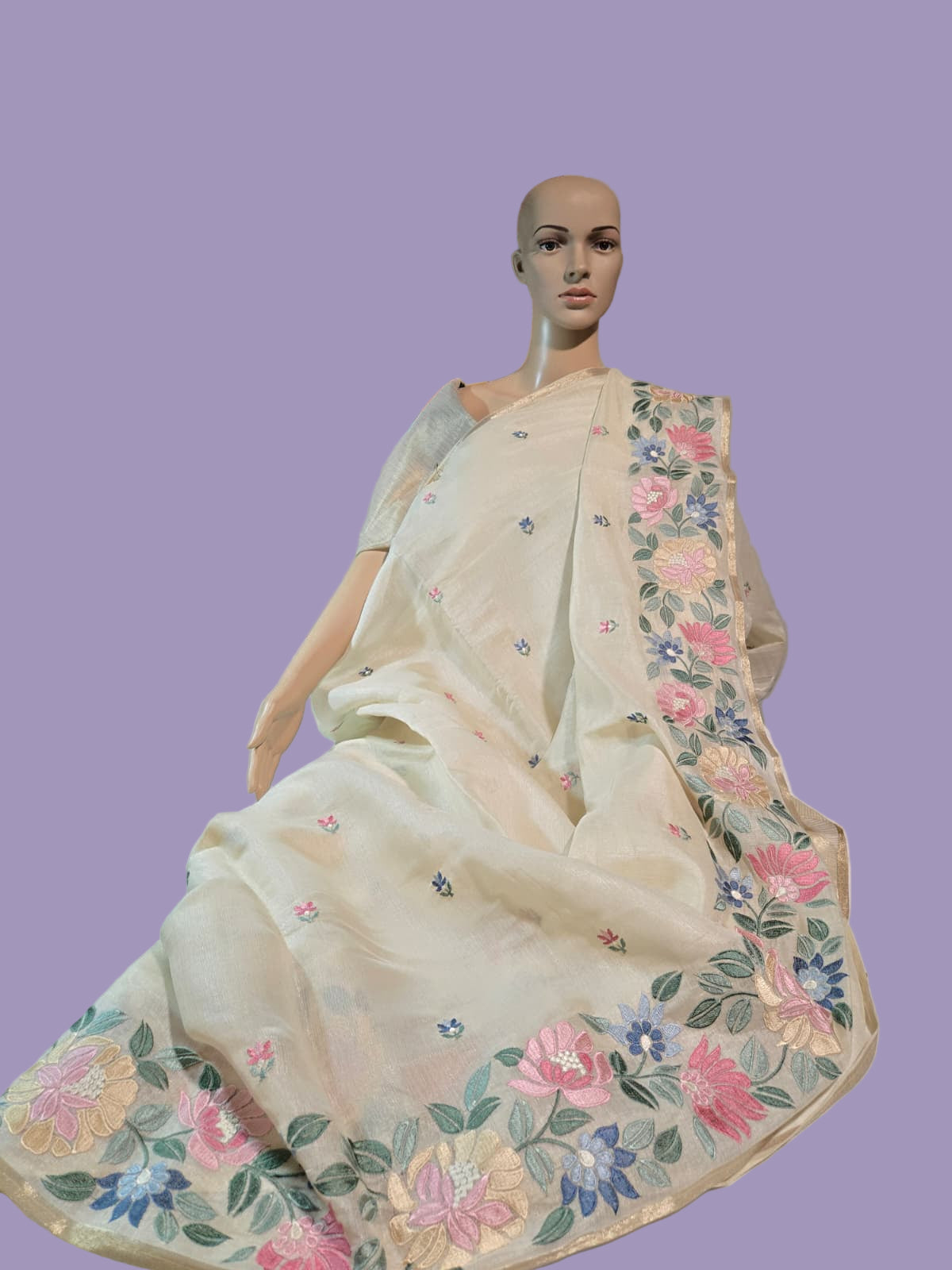 Chanderi Organza blended Silk Saree with Multicolor Floral Embroidery – Lightweight Festive Wear| Onam Saree USA