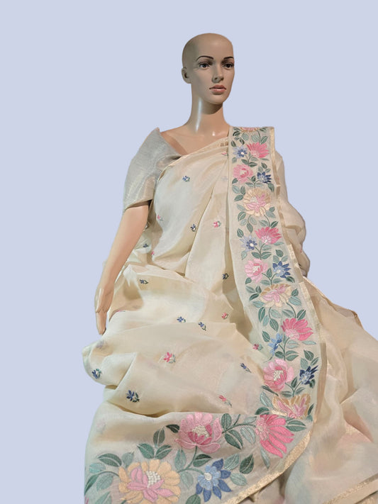 Chanderi Organza blended Silk Saree with Multicolor Floral Embroidery – Lightweight Festive Wear| Onam Saree USA