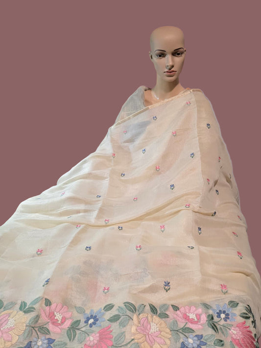 Chanderi Organza blended Silk Saree with Multicolor Floral Embroidery – Lightweight Festive Wear| Onam Saree USA