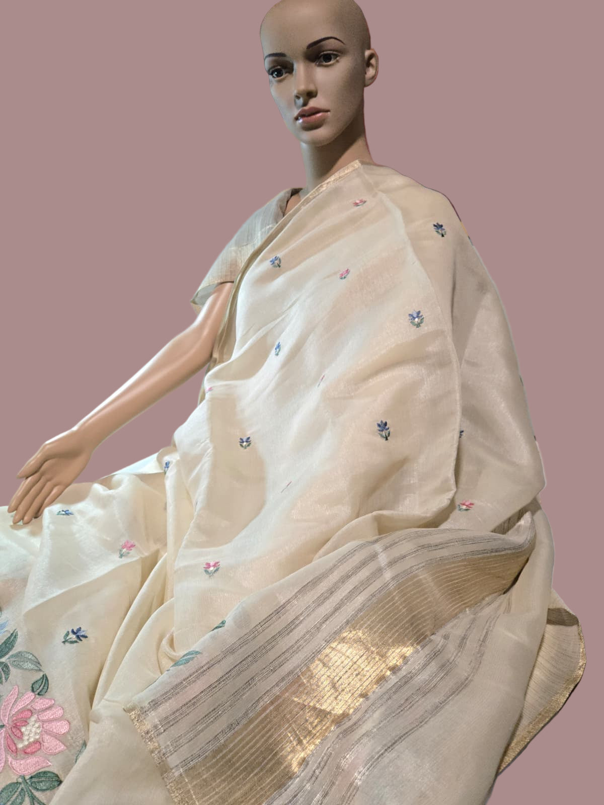 Chanderi Organza blended Silk Saree with Multicolor Floral Embroidery – Lightweight Festive Wear| Onam Saree USA
