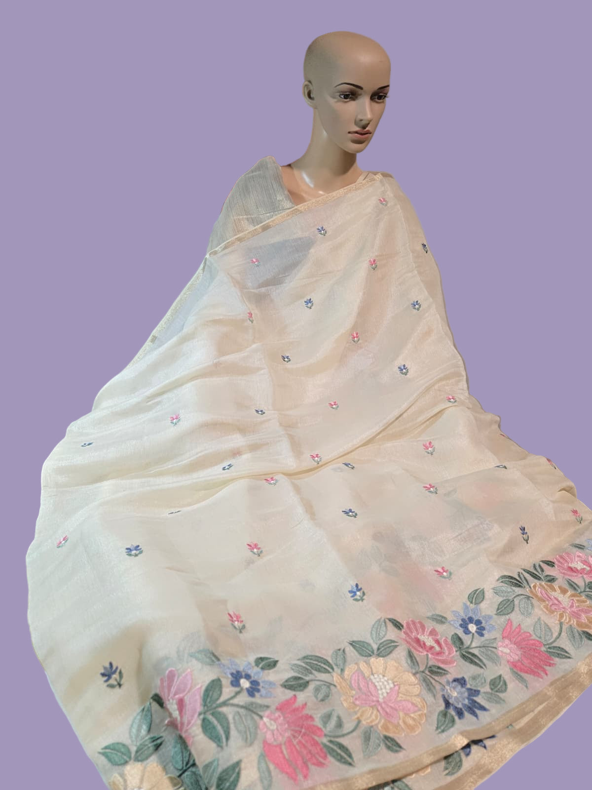 Chanderi Organza blended Silk Saree with Multicolor Floral Embroidery – Lightweight Festive Wear| Onam Saree USA