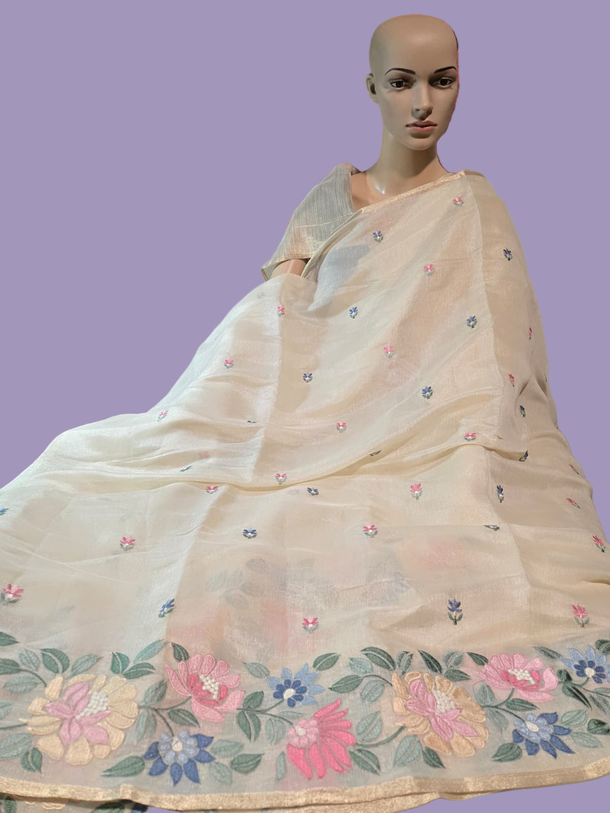Chanderi Organza blended Silk Saree with Multicolor Floral Embroidery – Lightweight Festive Wear| Onam Saree USA