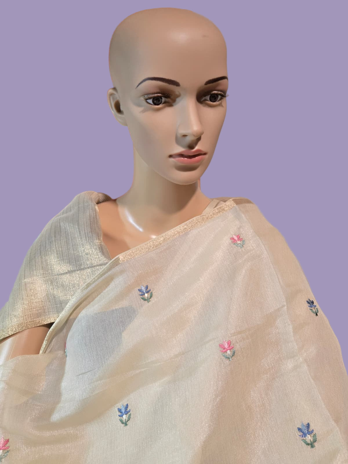 Chanderi Organza blended Silk Saree with Multicolor Floral Embroidery – Lightweight Festive Wear| Onam Saree USA