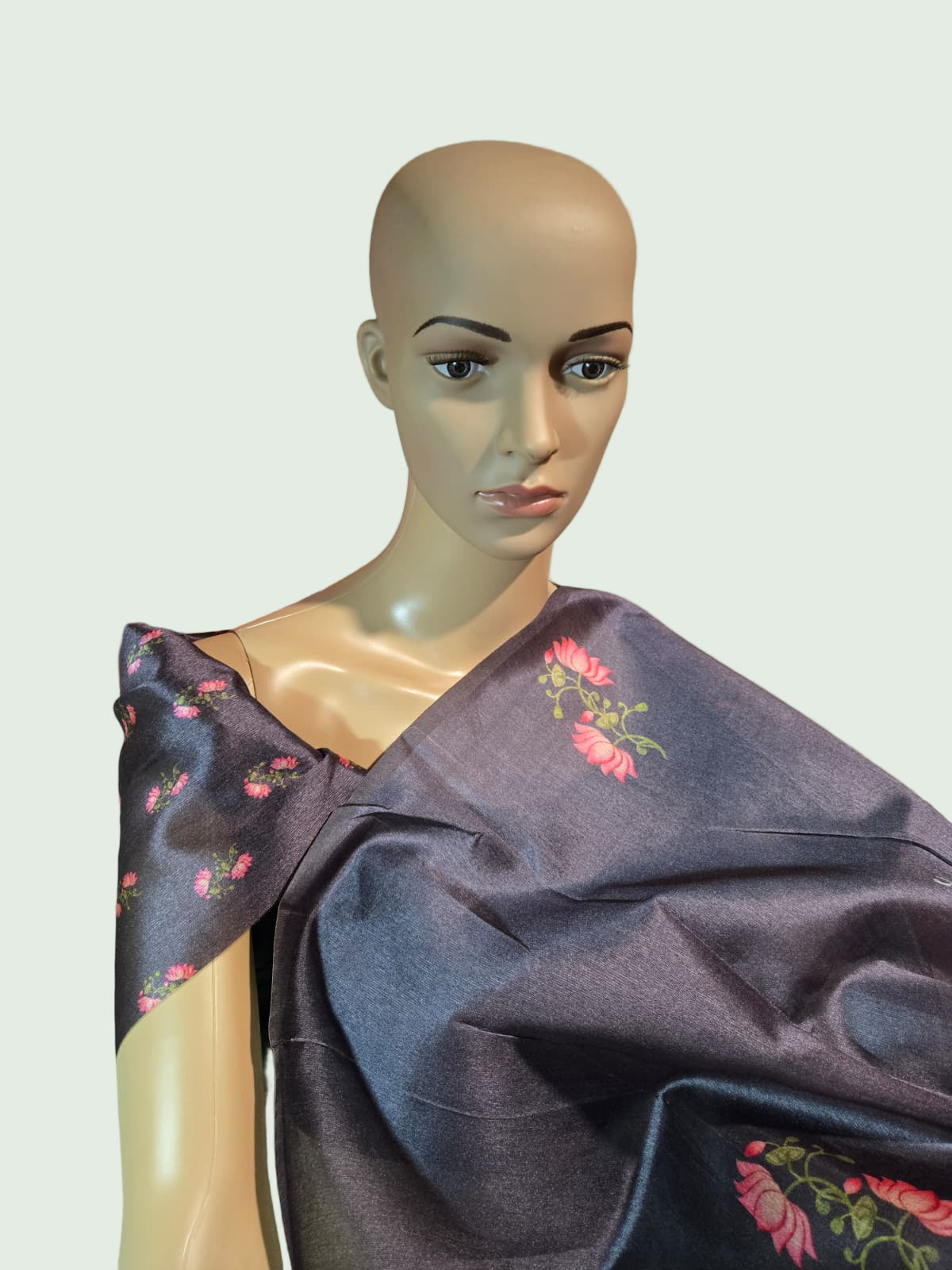 Tussar Silk Saree with Lotus Print & Matching Blouse Piece – USA Shipping Cream Color Grey
