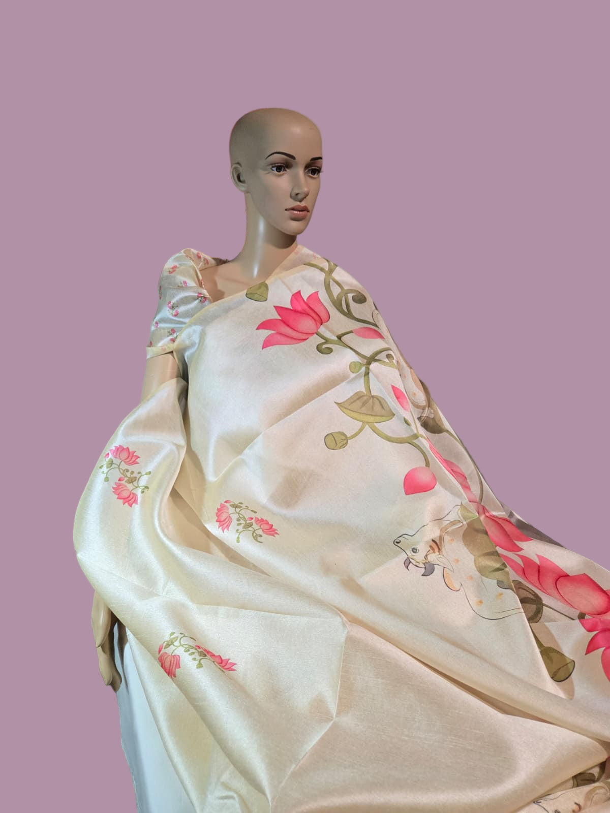 Tussar Silk Saree with Lotus Print & Matching Blouse Piece – USA Shipping Cream Color