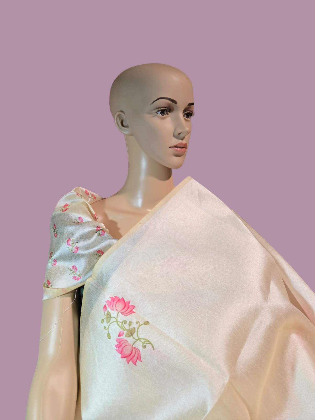 Tussar Silk Saree with Lotus Print & Matching Blouse Piece – USA Shipping Cream Color