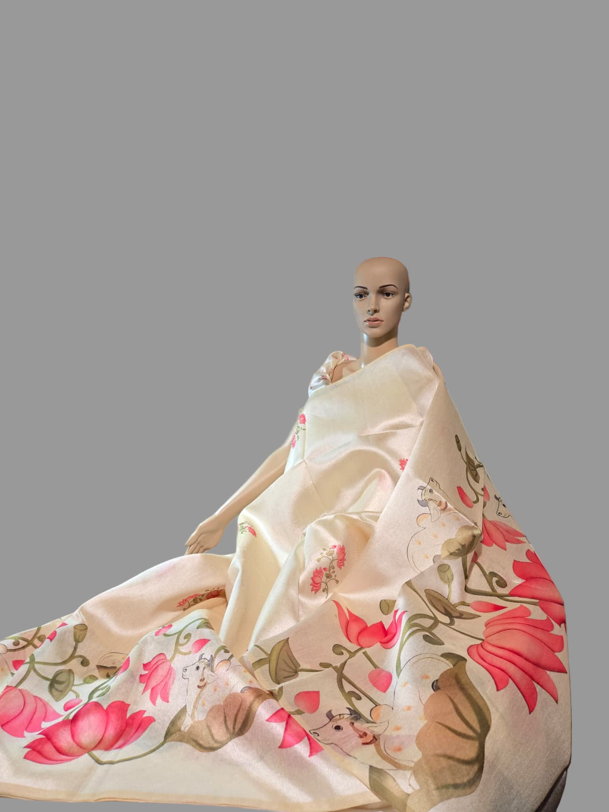 Tussar Silk Saree with Lotus Print & Matching Blouse Piece – USA Shipping Cream Color
