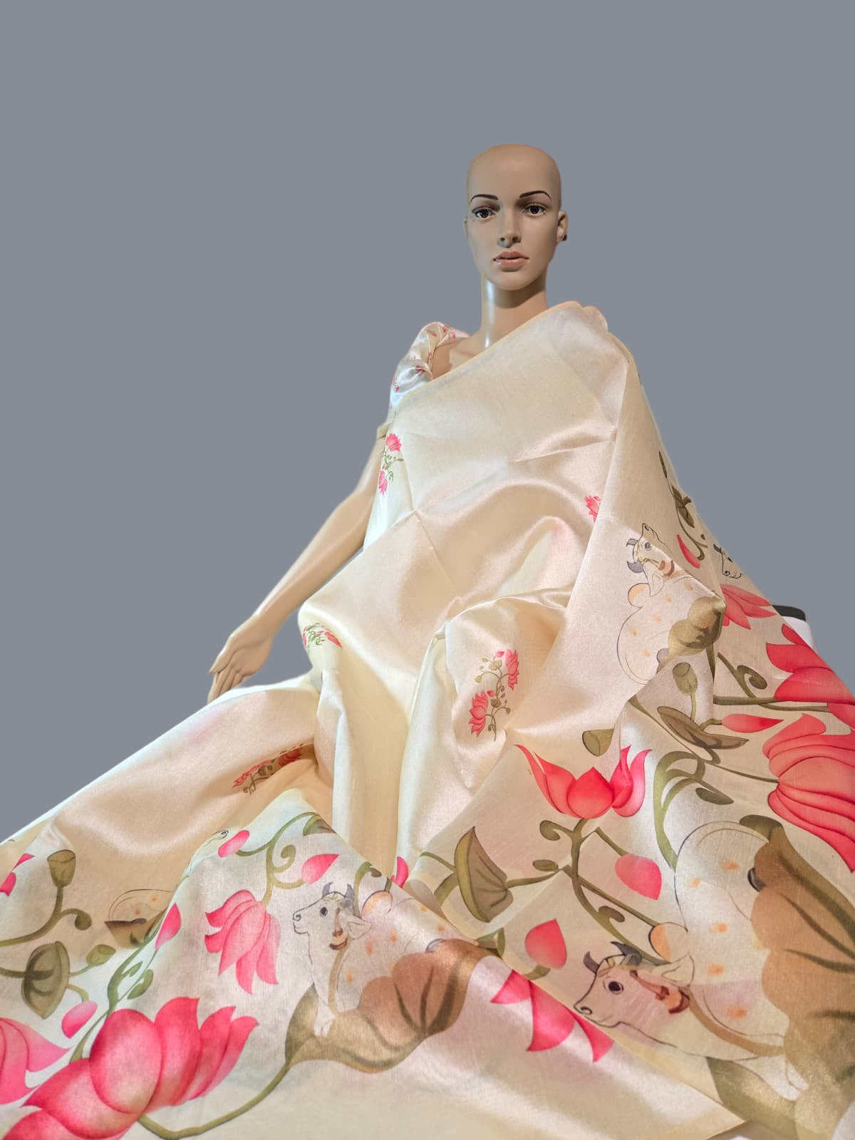 Tussar Silk Saree with Lotus Print & Matching Blouse Piece – USA Shipping Cream Color