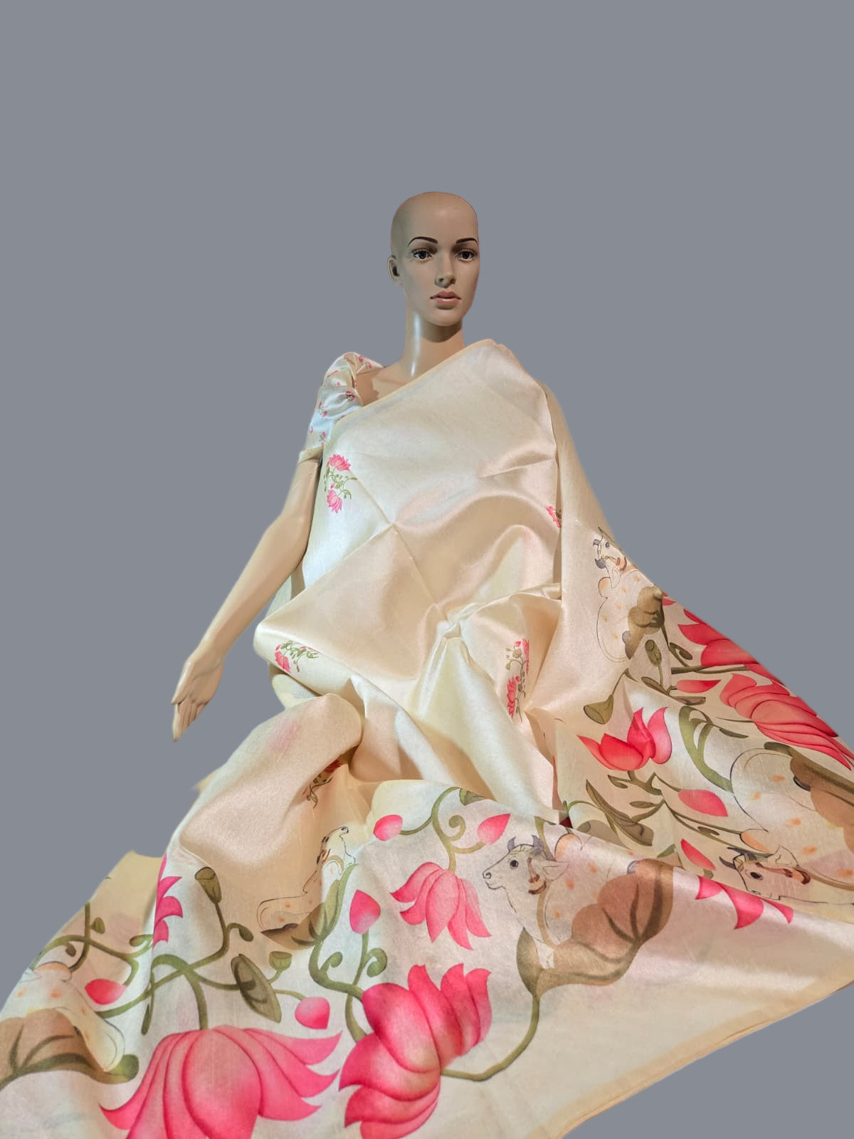 Tussar Silk Saree with Lotus Print & Matching Blouse Piece – USA Shipping Cream Color