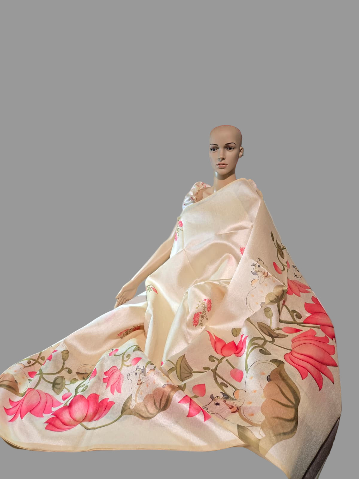 Tussar Silk Saree with Lotus Print & Matching Blouse Piece – USA Shipping Cream Color