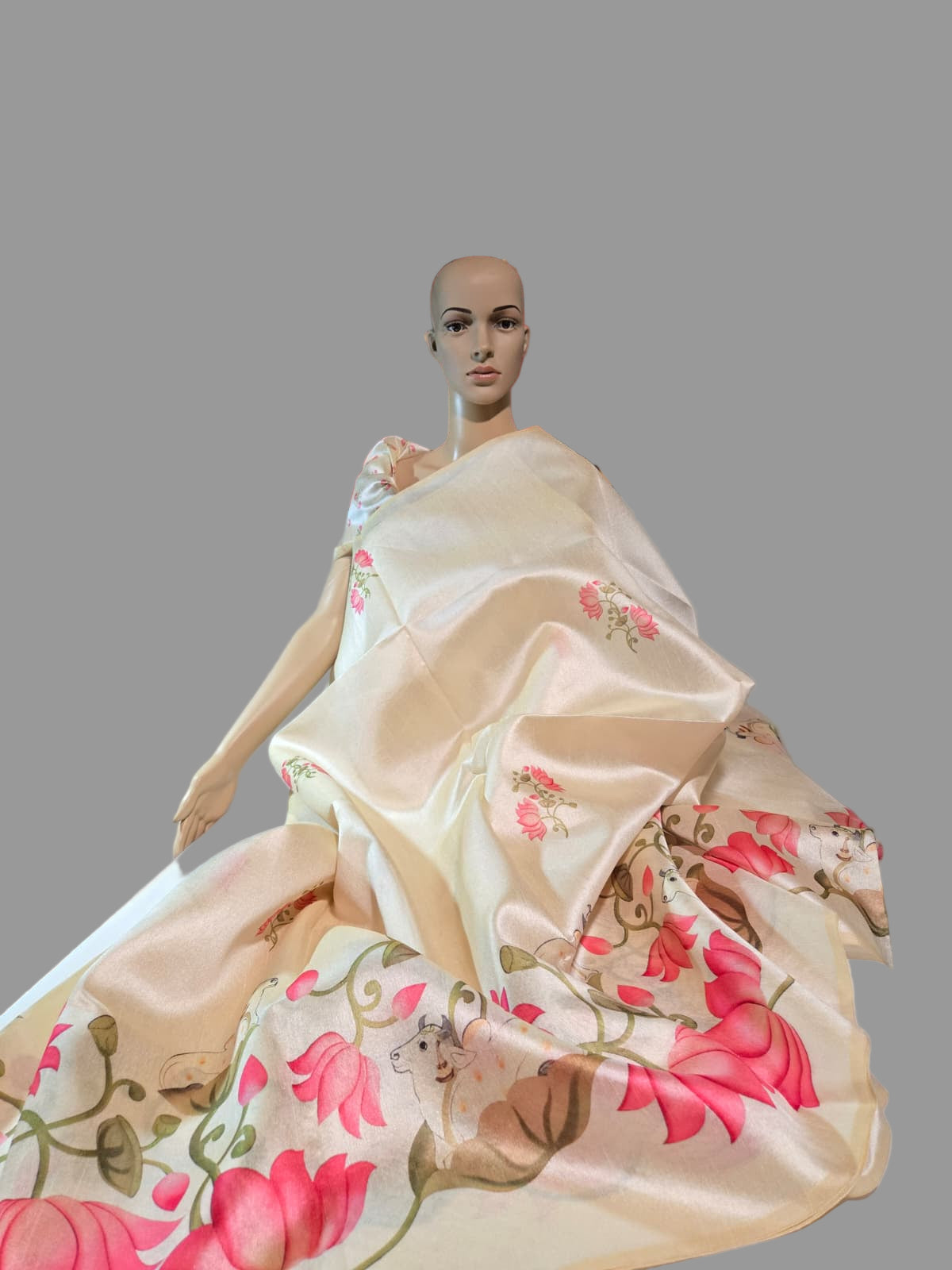 Tussar Silk Saree with Lotus Print & Matching Blouse Piece – USA Shipping Cream Color