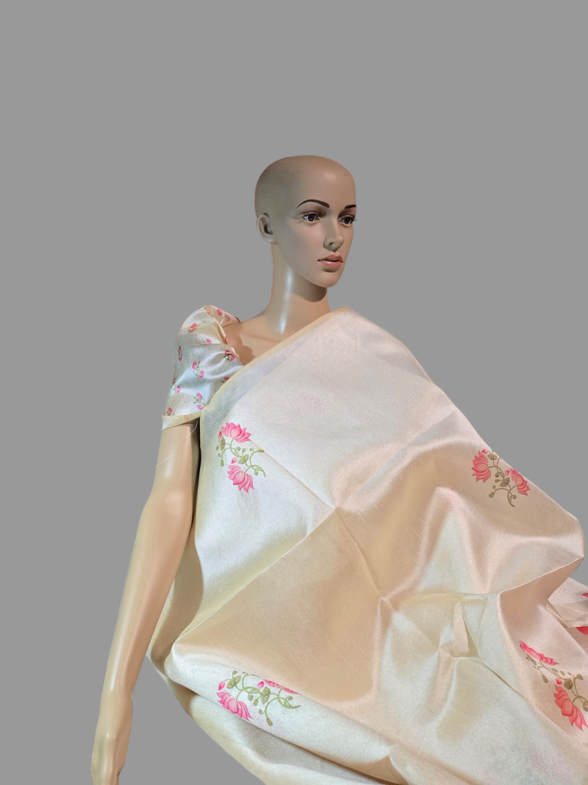 Tussar Silk Saree with Lotus Print & Matching Blouse Piece – USA Shipping Cream Color