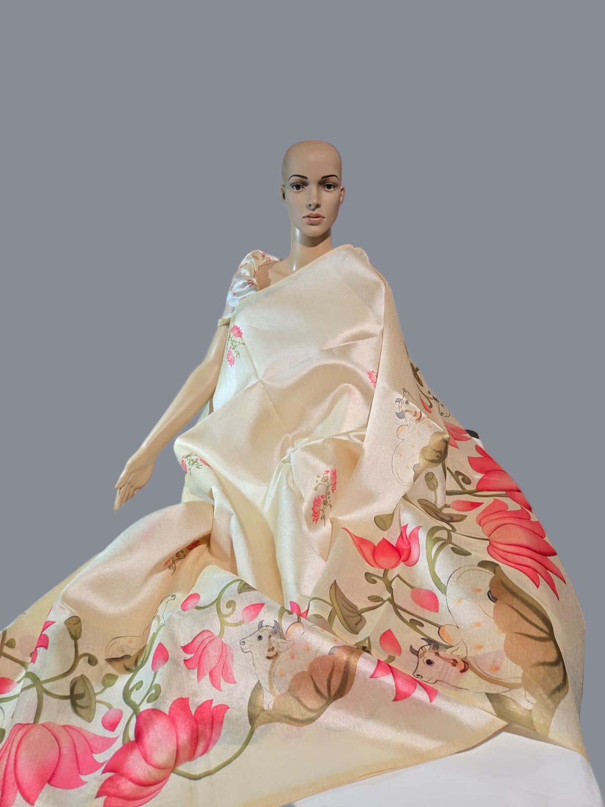 Tussar Silk Saree with Lotus Print & Matching Blouse Piece – USA Shipping Cream Color
