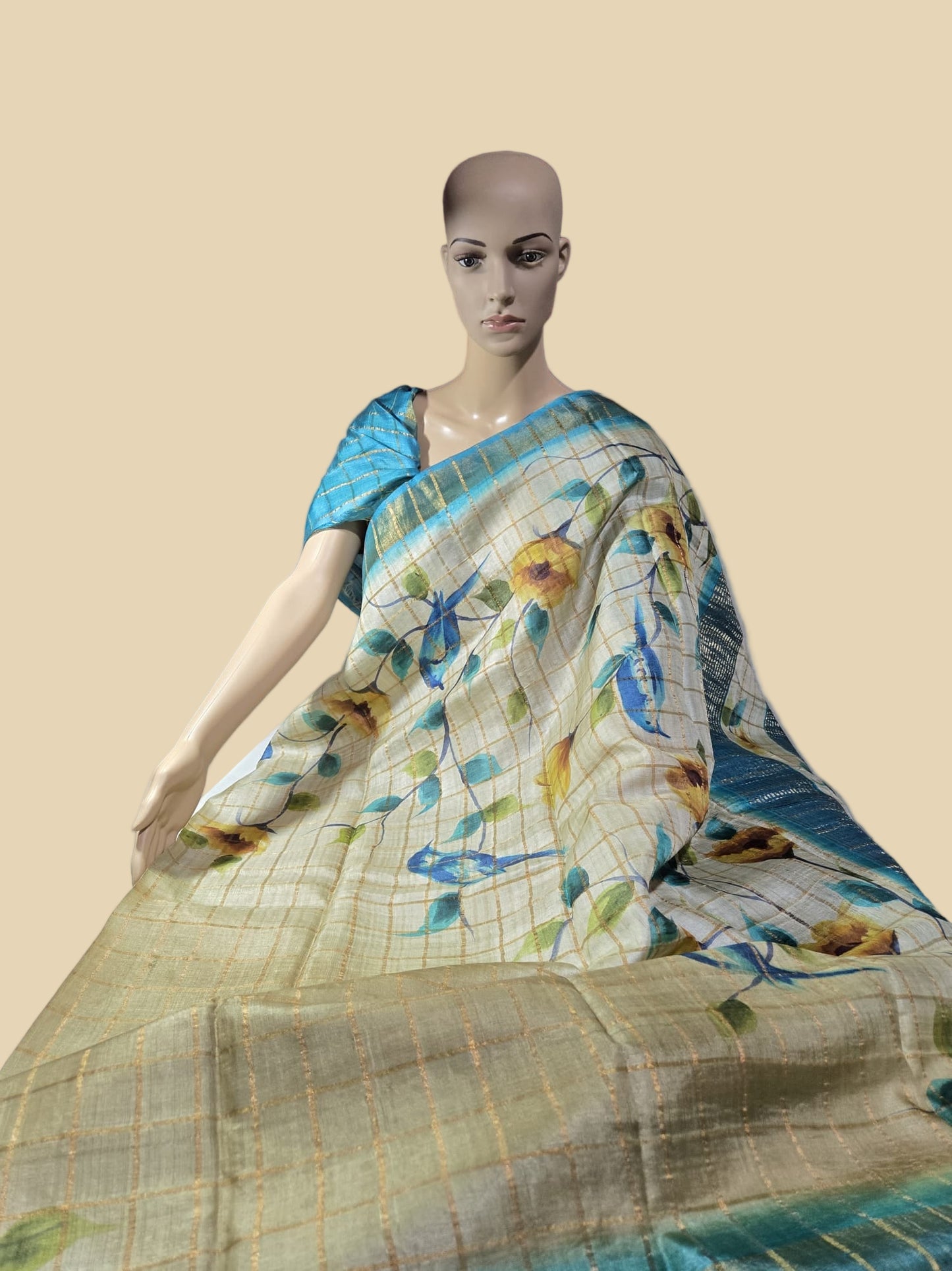 Pure Gachi Tussar Handloom Silk Saree Shipping from USA Blue with Silk Mark