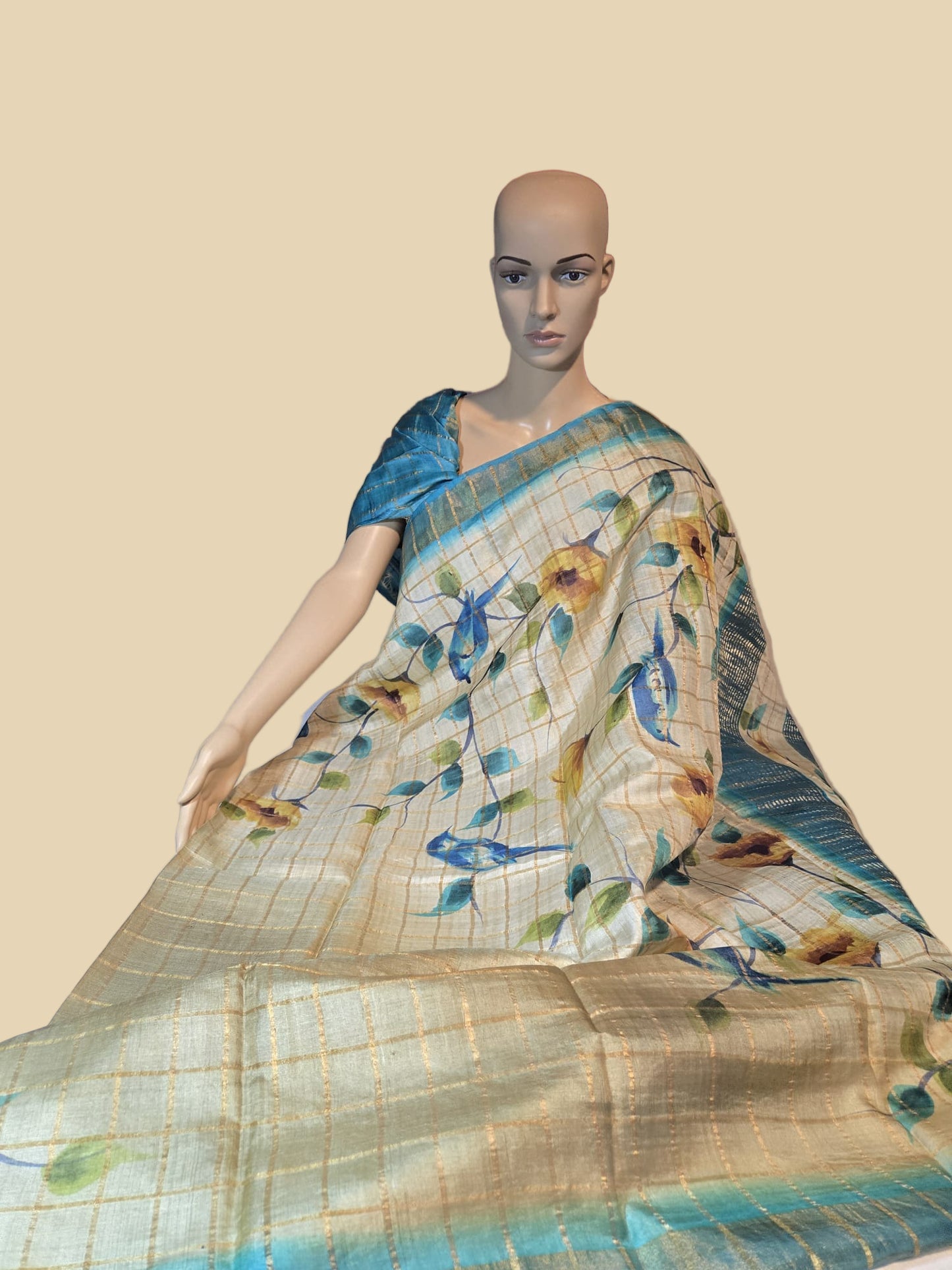 Pure Gachi Tussar Handloom Silk Saree Shipping from USA Blue with Silk Mark