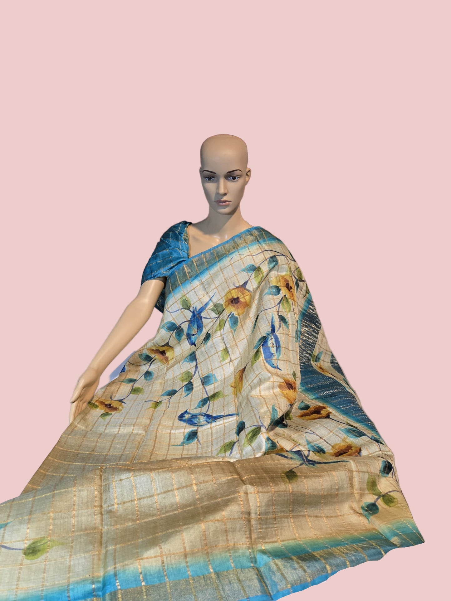 Pure Gachi Tussar Handloom Silk Saree Shipping from USA Blue with Silk Mark