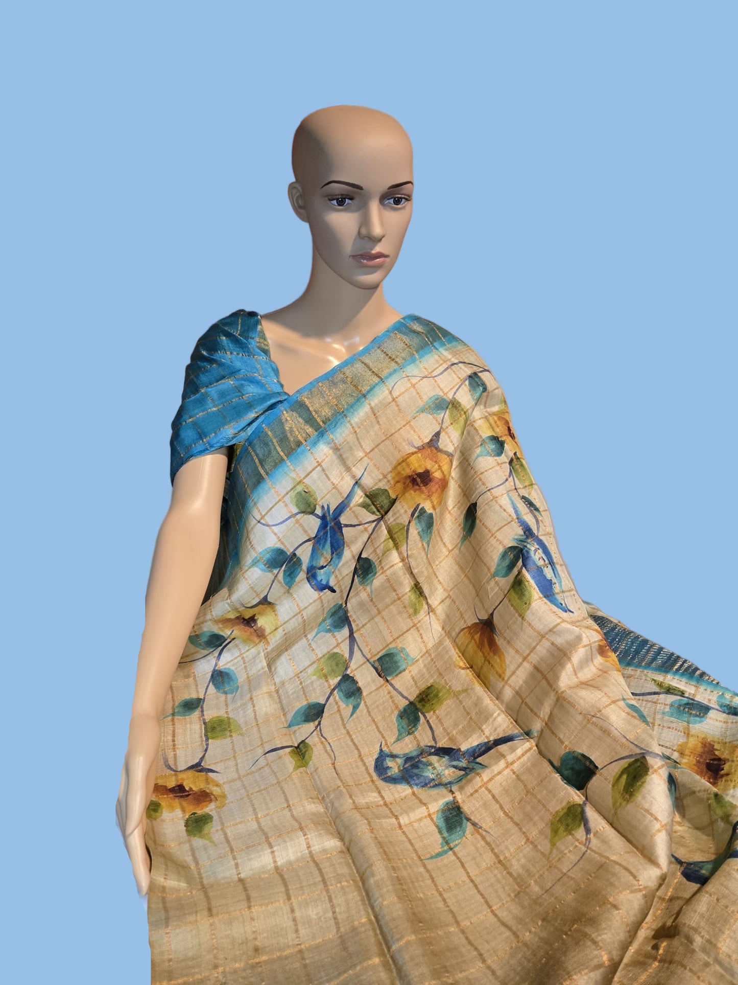 Pure Gachi Tussar Handloom Silk Saree Shipping from USA Blue with Silk Mark