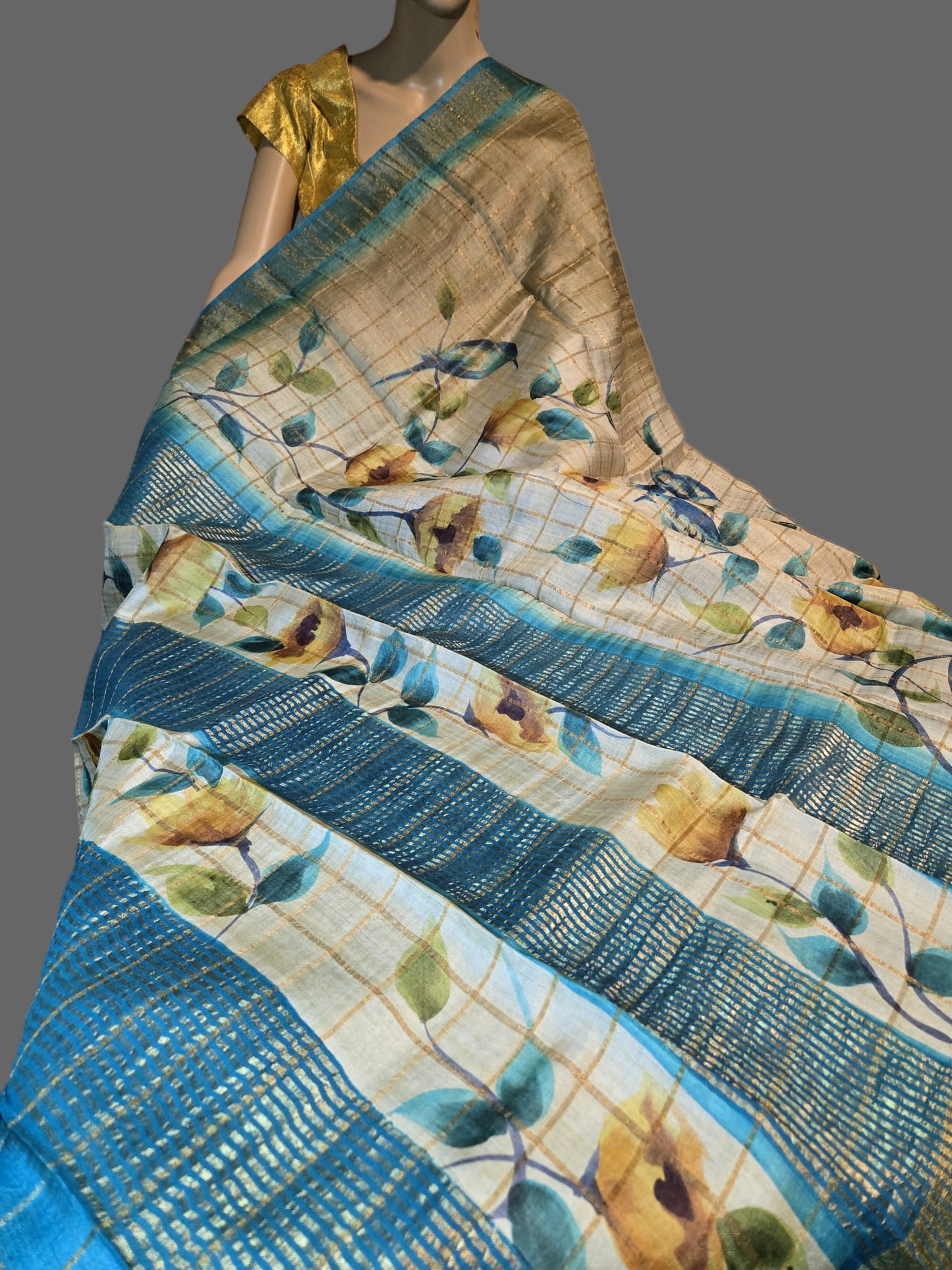 Pure Gachi Tussar Handloom Silk Saree Shipping from USA Blue with Silk Mark
