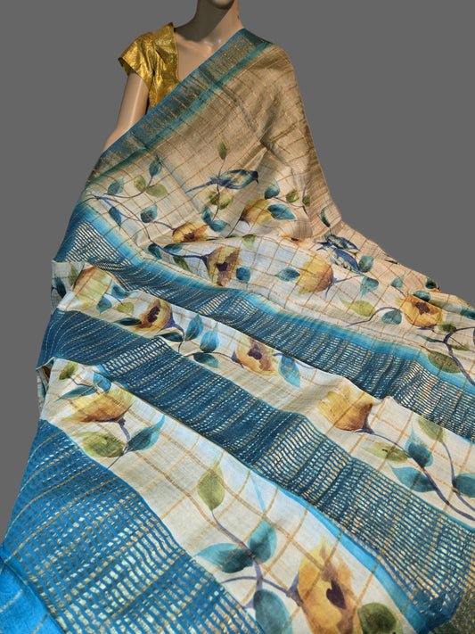 Pure Gachi Tussar Handloom Silk Saree Shipping from USA Blue with Silk Mark